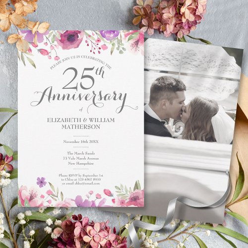 25th Wedding Anniversary Photo Watercolor Roses Invitation