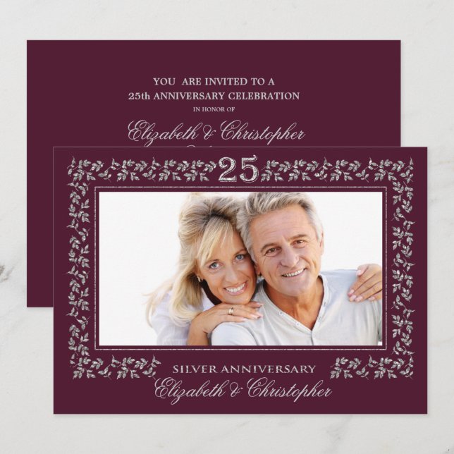 25th Wedding Anniversary Plum Silver Photo Invitation (Front/Back)