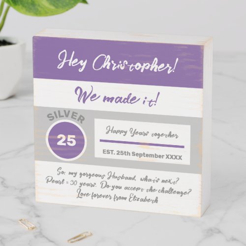 25th Wedding Anniversary purple grey Wooden Box Sign