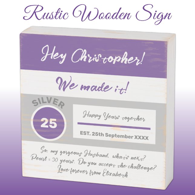 25th Wedding Anniversary purple grey Wooden Box Sign (Creator Uploaded)