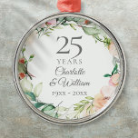 25th Wedding Anniversary Roses Floral Garland  Metal Ornament<br><div class="desc">Featuring a delicate watercolour floral garland,  this chic botanical 25th wedding anniversary keepsake can be personalised with your special anniversary information in an elegant silver text. Designed by Thisisnotme©</div>