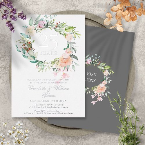 25th Wedding Anniversary Roses Floral Silver Foil Invitation