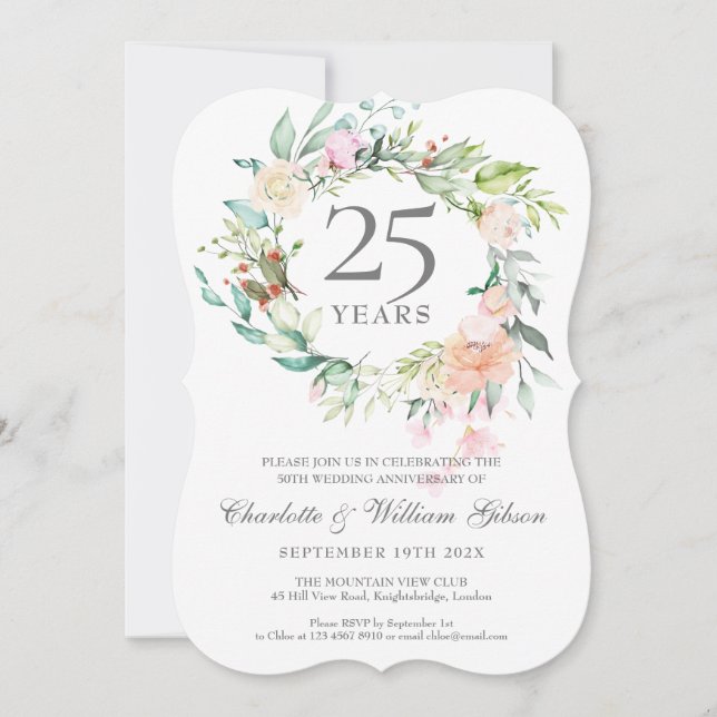 25th Wedding Anniversary Roses Greenery Garland  Invitation (Front)