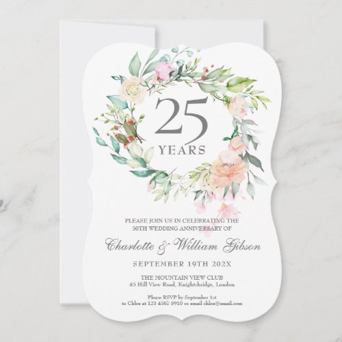 25th Wedding Anniversary Roses Greenery Garland  Invitation
