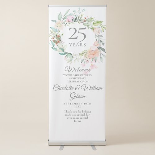 25th Wedding Anniversary Roses Watercolor Welcome Retractable Banner