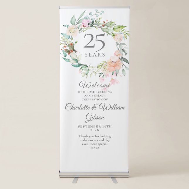 25th Wedding Anniversary Roses Watercolor Welcome Retractable Banner (Front)