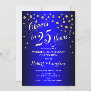 25th Wedding Anniversary - Royal Blue & Gold Invitation