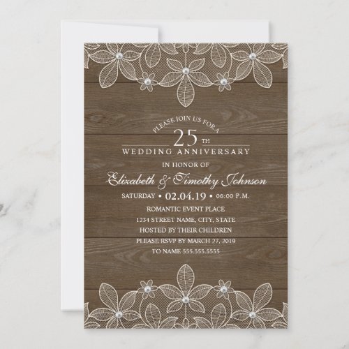 25th Wedding Anniversary Rustic Wood Country Lace Invitation