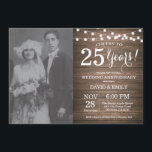 25th Wedding Anniversary Rustic Wood Invitation<br><div class="desc">25th Wedding Anniversary Invitation with custom photo. Rustic Wood Background. String Lights. Black and White. 1st, 2nd, 3rd, 4th, 5th, 10th, 15th, 20th, 25th, 30th, 35th, 40th, 45th, 50th, 55th, 60th, 65th, 70th, 75th, 80th, Any Years. Adult Birthday. Woman or Man Male Birthday Party. For further customization, please click the...</div>
