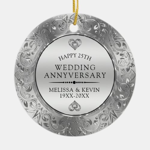 25th Wedding Anniversary Shiny Floral Silver Frame Ceramic Ornament