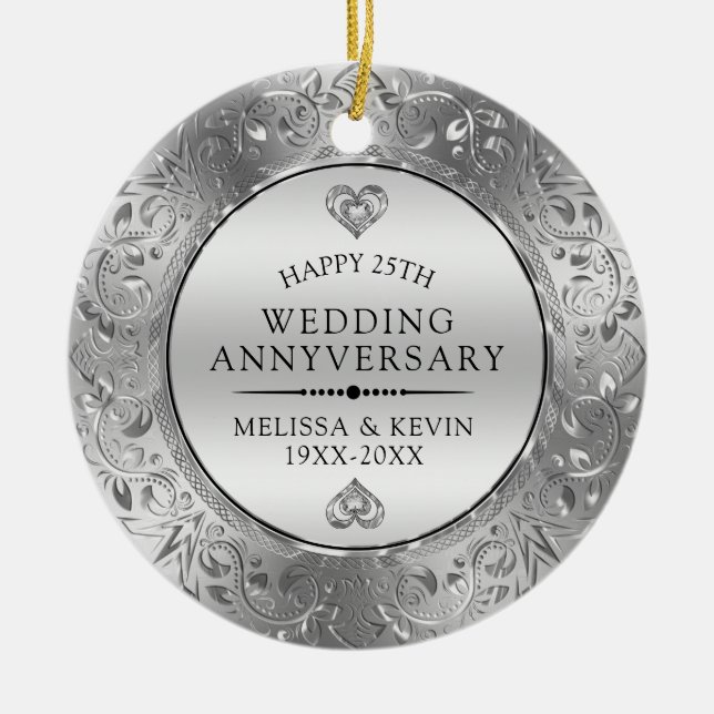 25th Wedding Anniversary Shiny Floral Silver Frame Ceramic Ornament (Front)