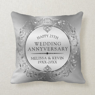 25th Wedding Anniversary Shiny Floral Silver Frame Throw Pillow