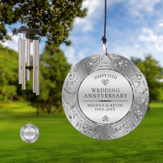25th Wedding Anniversary Shiny Floral Silver Frame Wind Chime (Outdoor)