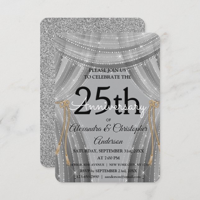 25th Wedding Anniversary Silver and Black Sparkle Invitation (Front/Back)