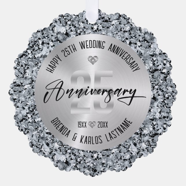 25th Wedding Anniversary Silver and Diamonds Ornament Card (Front)