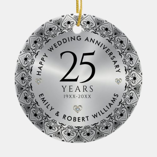 25th Wedding Anniversary Silver Black Frame Ceramic Ornament