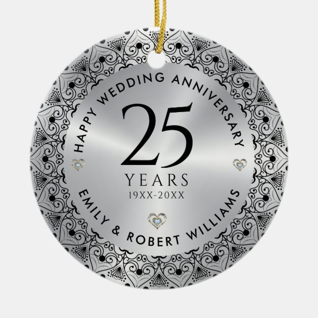 25th Wedding Anniversary Silver Black Frame Ceramic Ornament (Front)