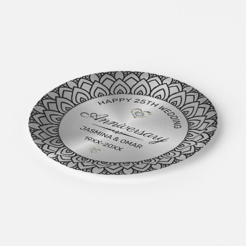 25th wedding anniversary Silver  black mandala Paper Plates