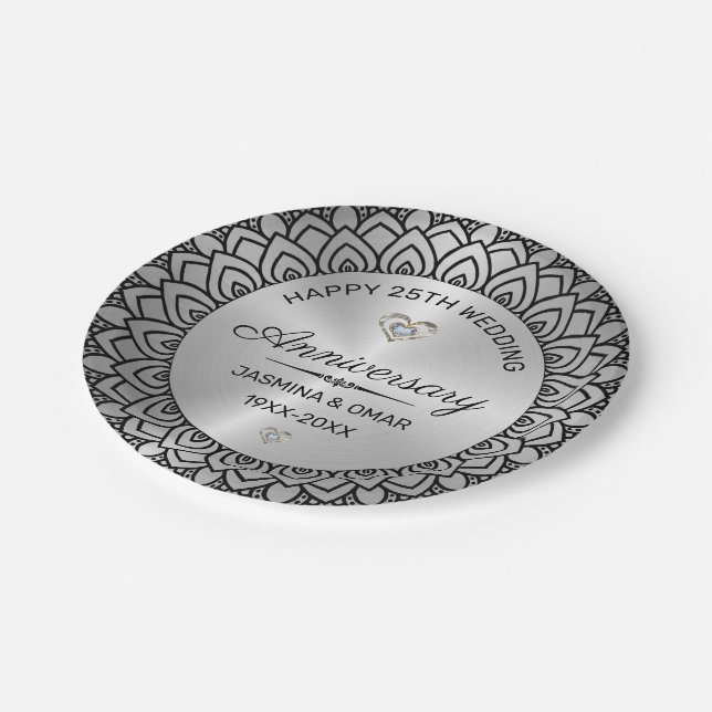 25th wedding anniversary Silver & black mandala Paper Plates (Angled)