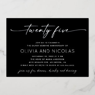 25th Wedding Anniversary Silver & Black Photo Foil Invitation