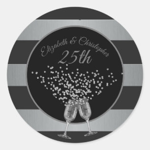 25th Wedding Anniversary Silver Black Stripe Classic Round Sticker