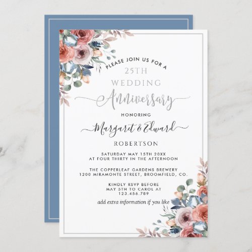 25th Wedding Anniversary Silver Blue Blush Floral Invitation