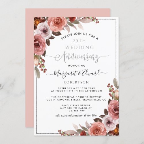 25th Wedding Anniversary Silver Blush Floral Invitation