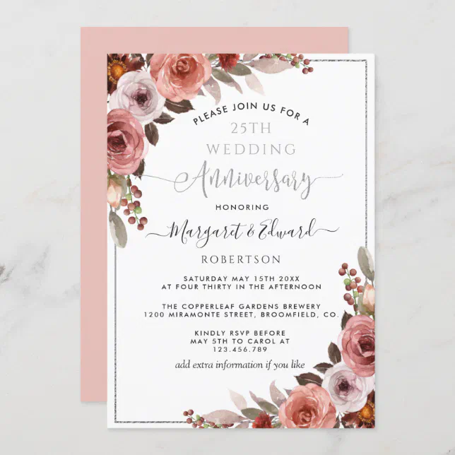 25th Wedding Anniversary, Silver Blush Floral Invitation | Zazzle