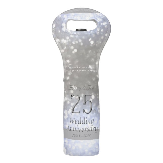 25th Wedding Anniversary Silver Bokeh Typography Wine Bag (Front)