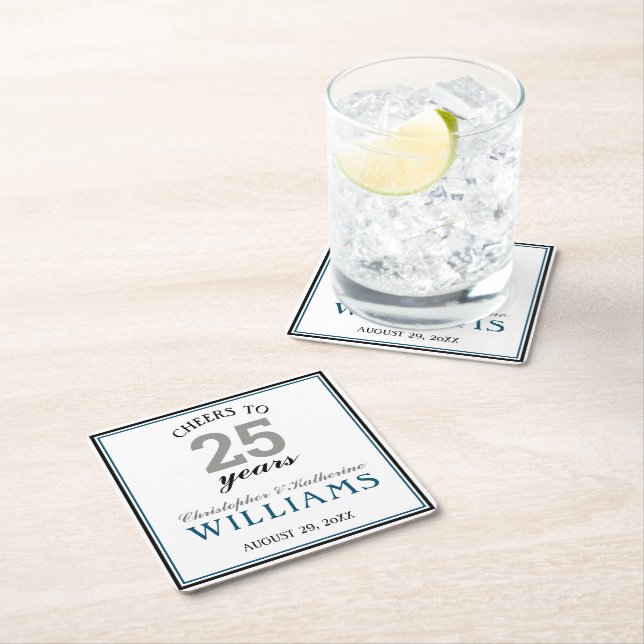 25th Wedding Anniversary Silver Cheers to 25 Years Square Paper Coaster (Insitu)