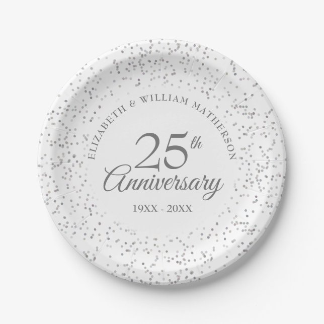 25th Wedding Anniversary Silver Confetti Modern Paper Plates (Front)