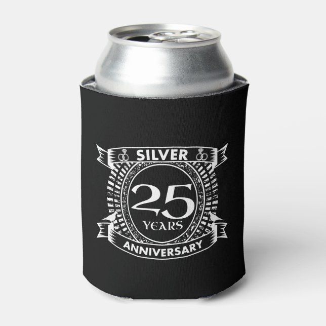 25th wedding anniversary silver crest can cooler (Can Front)