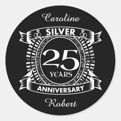 25th wedding anniversary silver crest classic round sticker