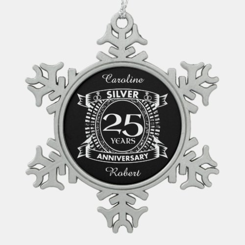 25th wedding anniversary silver crest snowflake pewter christmas ornament