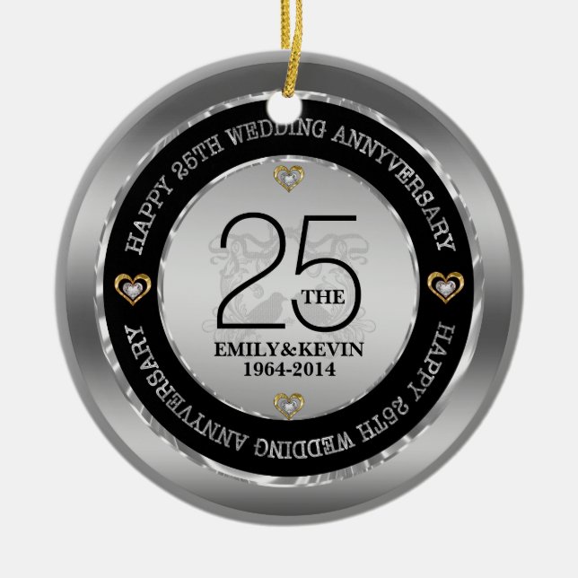 25th Wedding Anniversary & Silver Design Ceramic Ornament (Front)