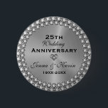 25th Wedding Anniversary Silver & Diamonds Button<br><div class="desc">Elegant 25th wedding anniversary design with an image of metallic silver texture with customizable text. Heart in heart diamond design accent with silver tones diamonds border.</div>