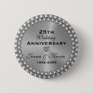 25th Wedding Anniversary Silver & Diamonds Button