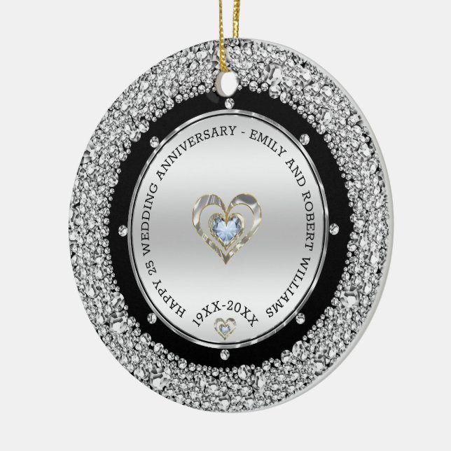 25th Wedding Anniversary Silver & Diamonds Ceramic Ornament (Left)