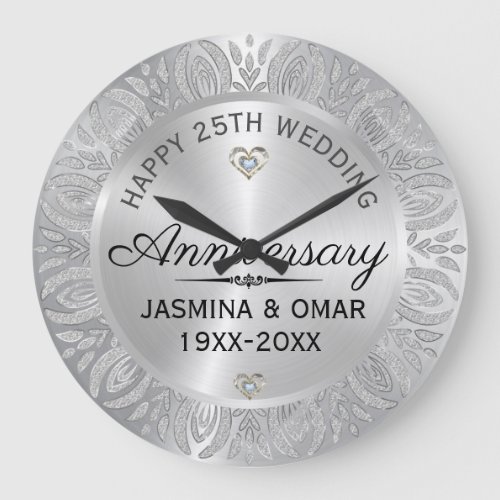 25th Wedding Anniversary Silver  Diamonds Large Clock
