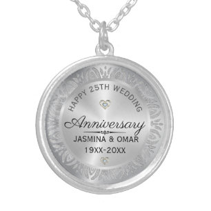 25th Wedding Anniversary Silver & Diamonds Plated Necklace