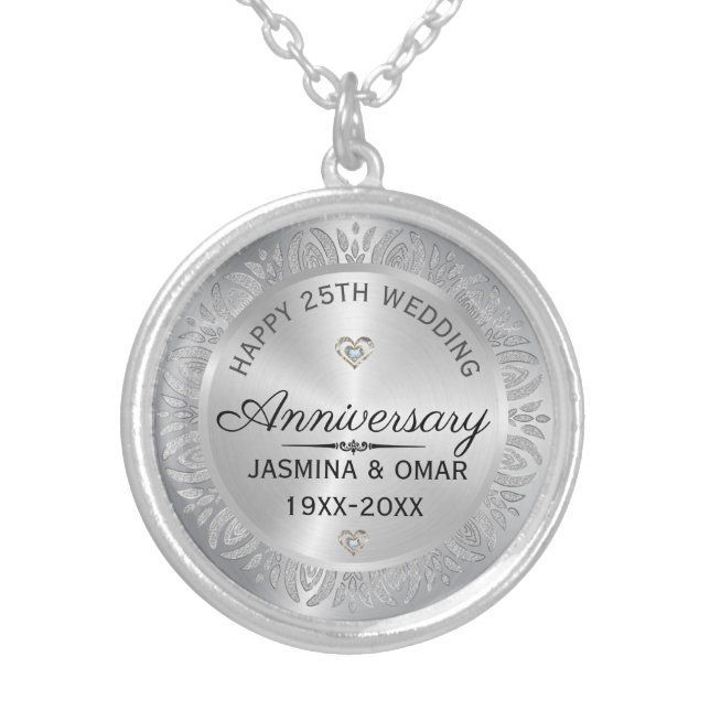 25th Wedding Anniversary Silver & Diamonds Silver Plated Necklace (Front)