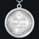 25th Wedding Anniversary Silver & Diamonds Silver  Plated Necklace<br><div class="desc">Elegant Happy 25th wedding anniversary image of silver background and diamonds with black customizable text.</div>