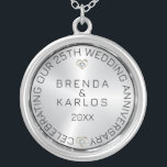 25th Wedding Anniversary Silver & Diamonds Silver  Plated Necklace<br><div class="desc">Elegant Happy 25th wedding anniversary image of silver background and diamonds with black customizable text.</div>