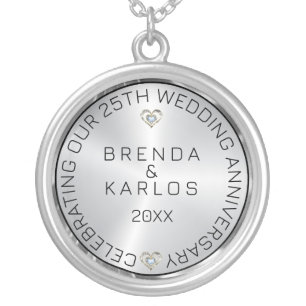 25th Wedding Anniversary Silver & Diamonds Silver  Plated Necklace