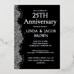 25th Wedding Anniversary Silver Faux Glitter  Foil Invitation