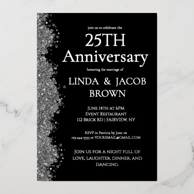 25th Wedding Anniversary Silver Faux Glitter  Foil Invitation (Front)