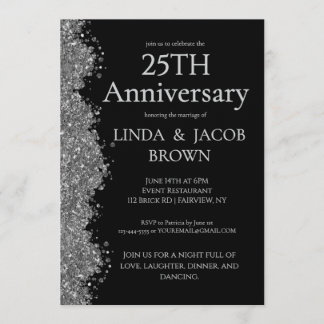 25th Wedding Anniversary Silver Faux Glitter Invitation