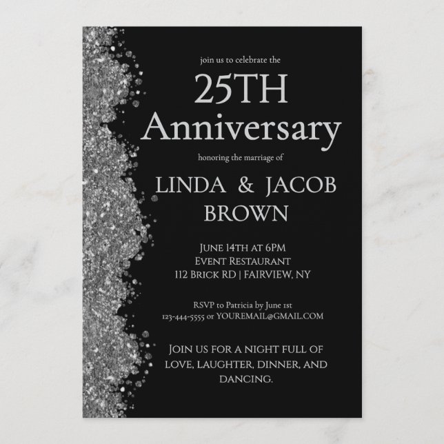 25th Wedding Anniversary Silver Faux Glitter  Invitation (Front)