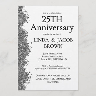 25th Wedding Anniversary Silver Faux Glitter Invitation