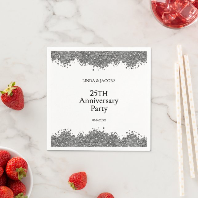 25th Wedding Anniversary Silver Faux Glitter  Napkins (Insitu)